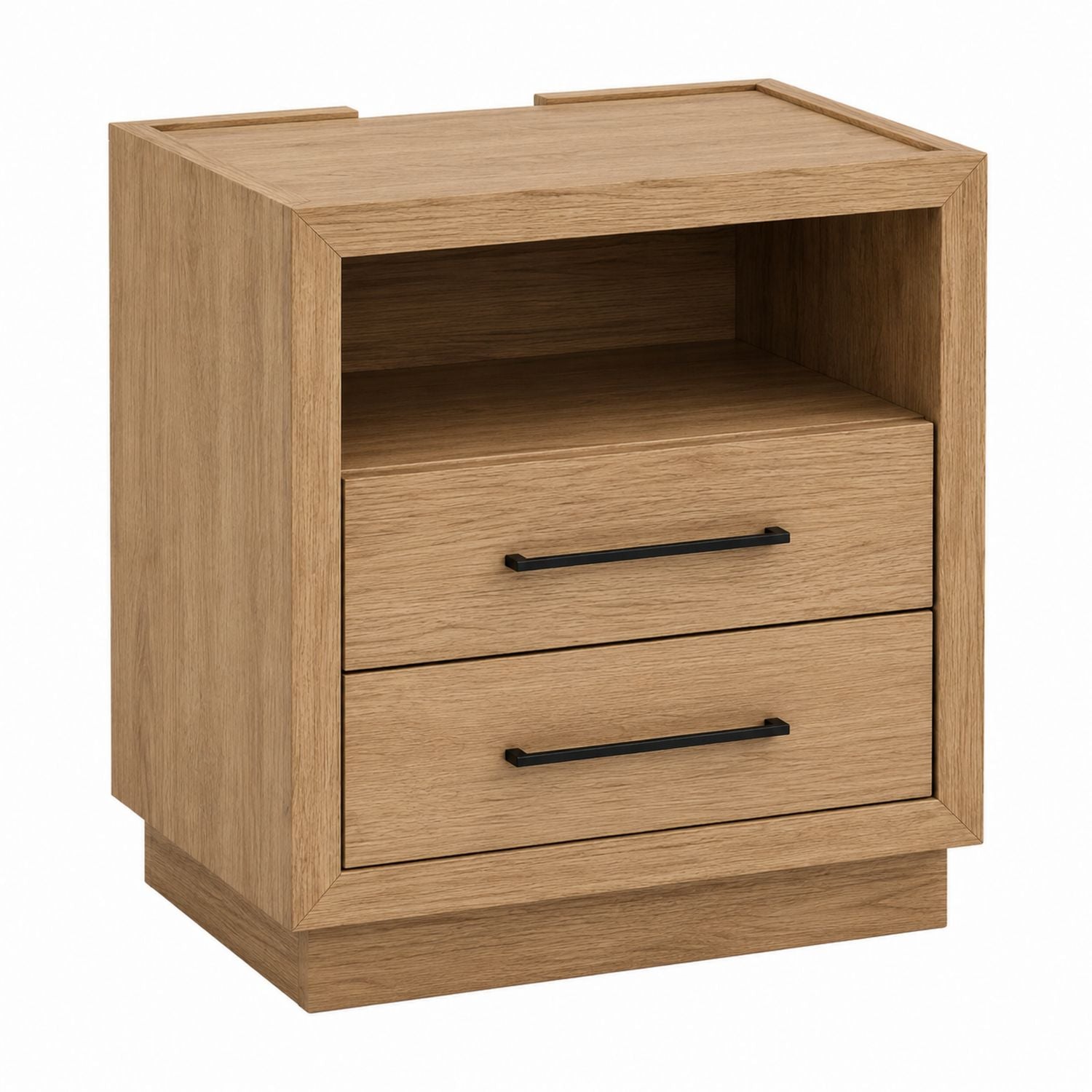 Oak Veneer Nightstand with Open Shelf and Two Drawers