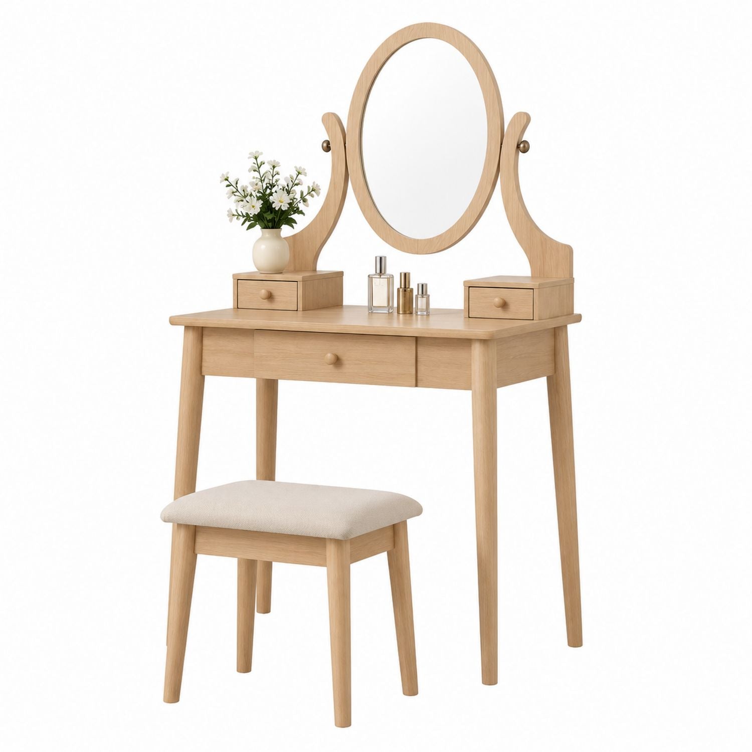 Oak Vanity Set with Oval Mirror and Padded Stool