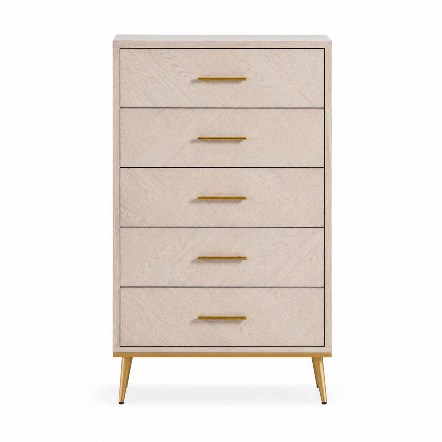 Wood 5-Drawer Dresser Natural Oak with Gold Metal Legs