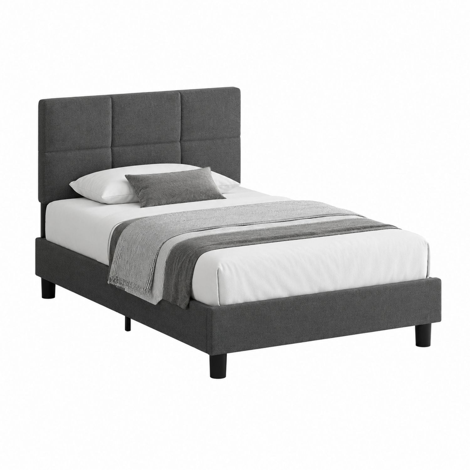 Single Upholstered Bed Frame Linen Dark Gray with Headboard