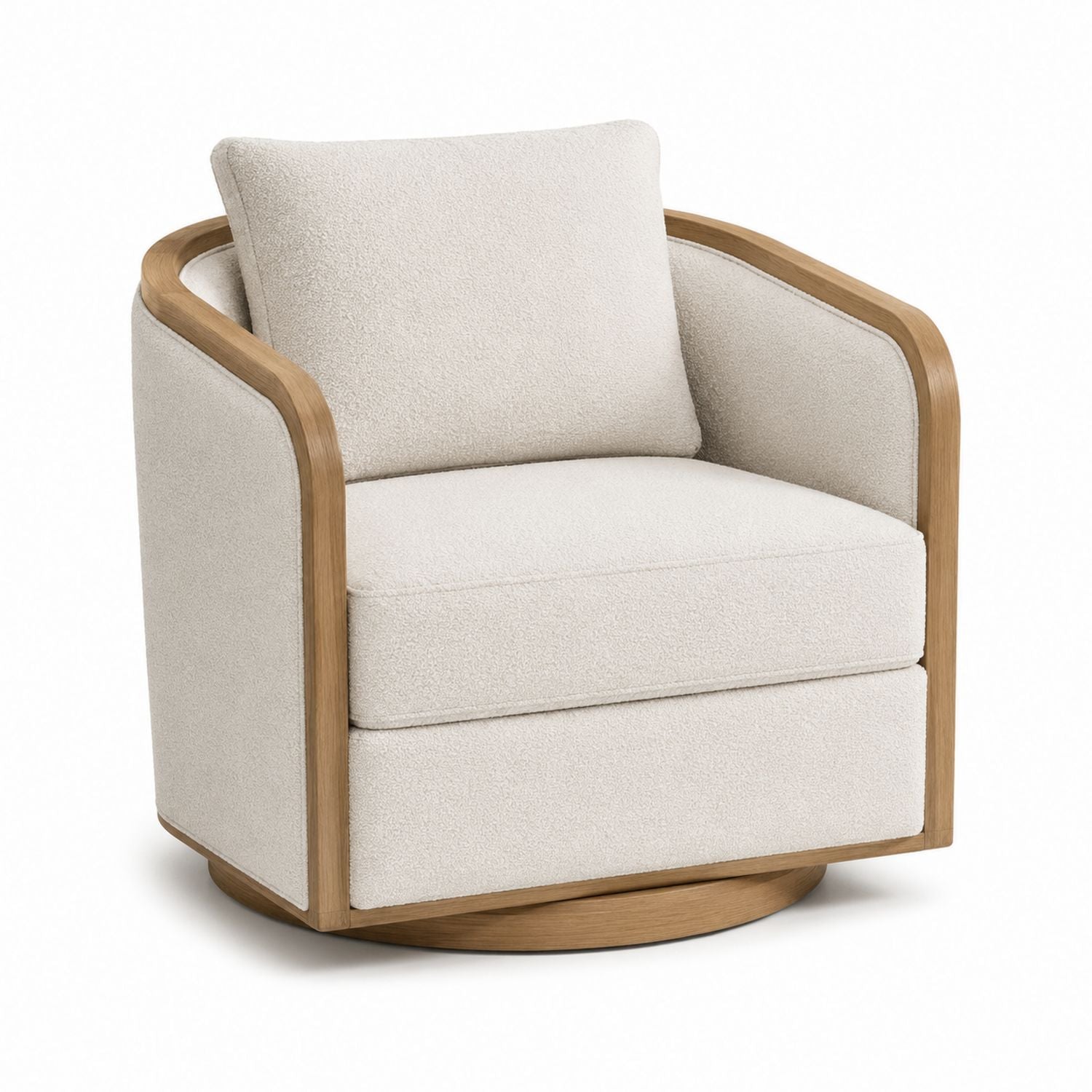 Bouclé Fabric Swivel Chair with Oak Frame in Cream