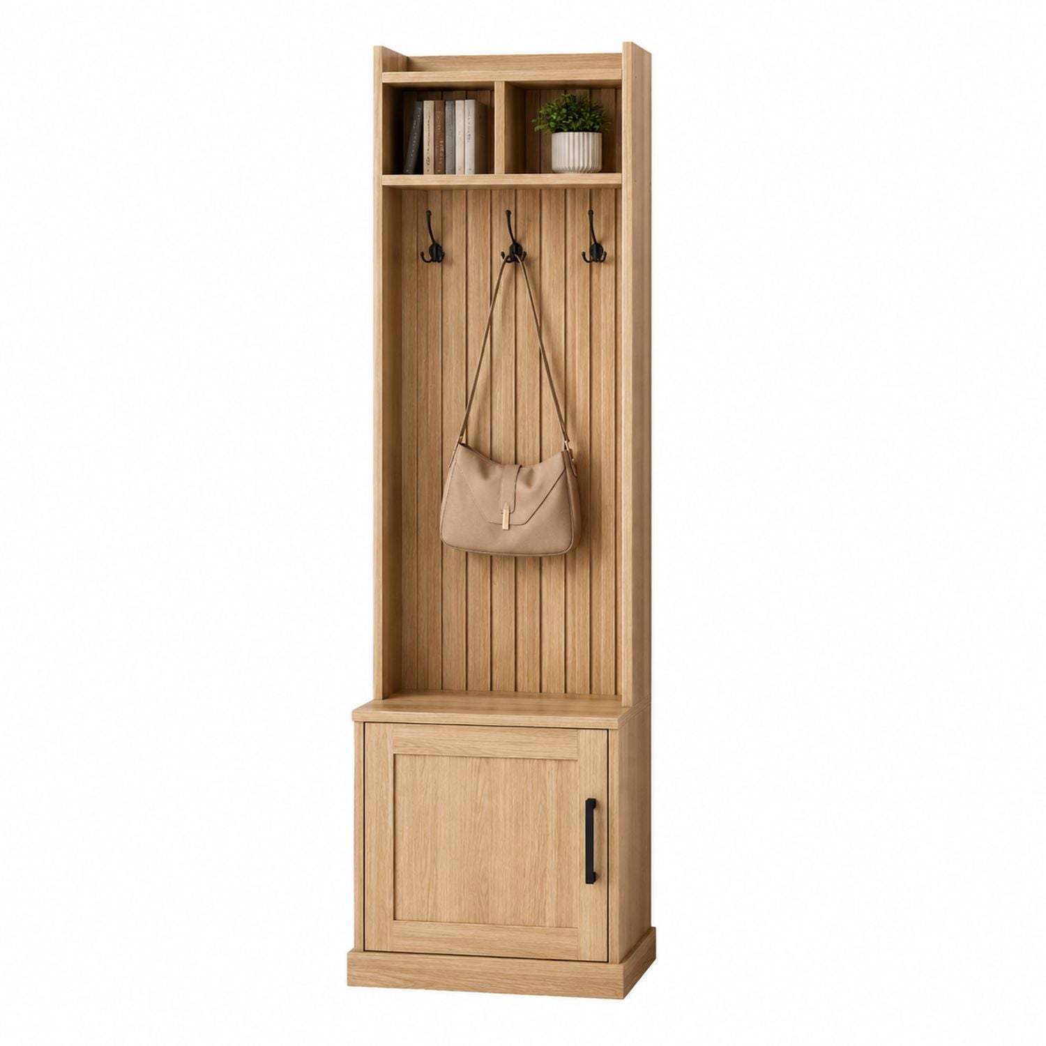 Oak Wood Hall Tree with Hooks and Storage Cabinet