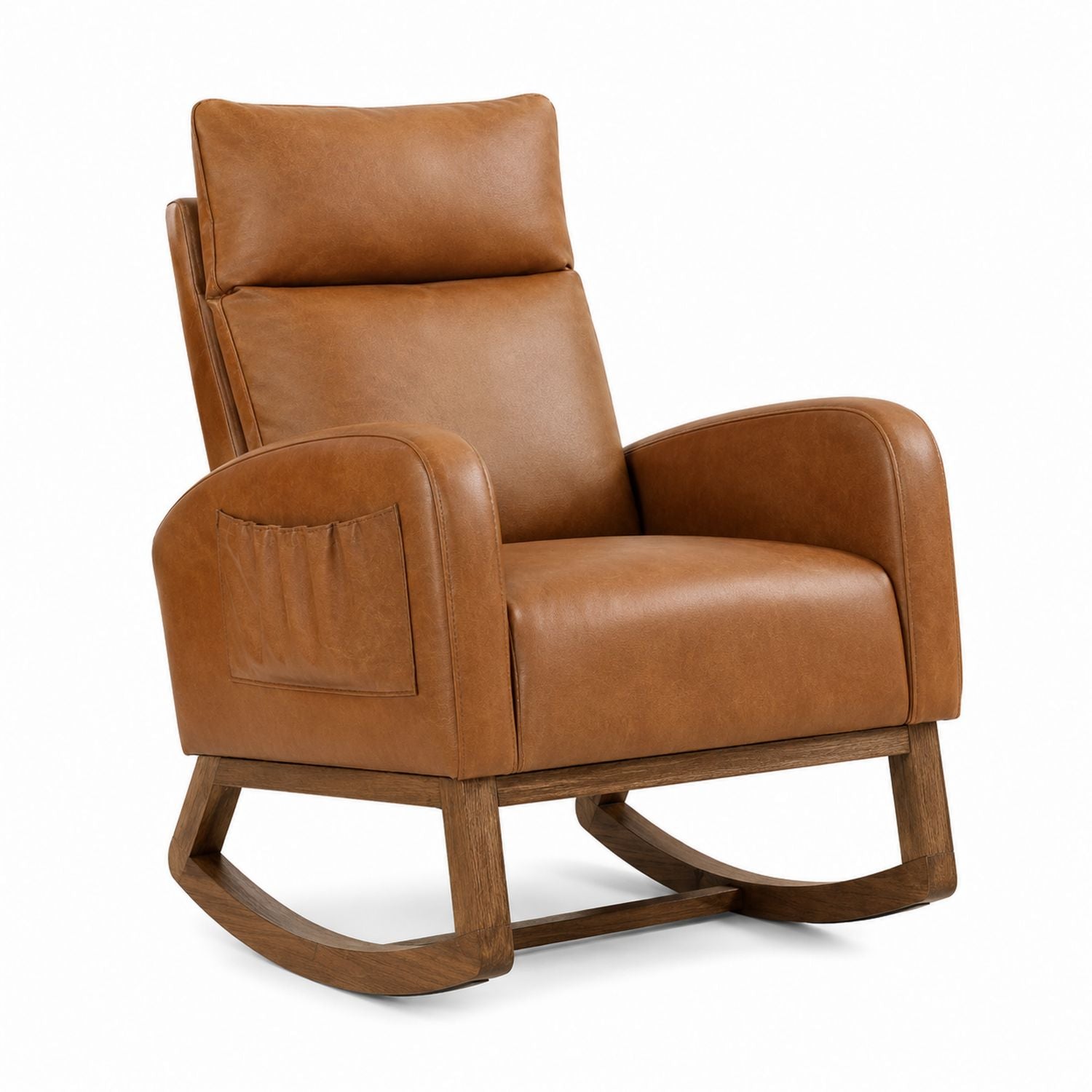 Brown Faux Leather Rocking Chair with Wooden Base