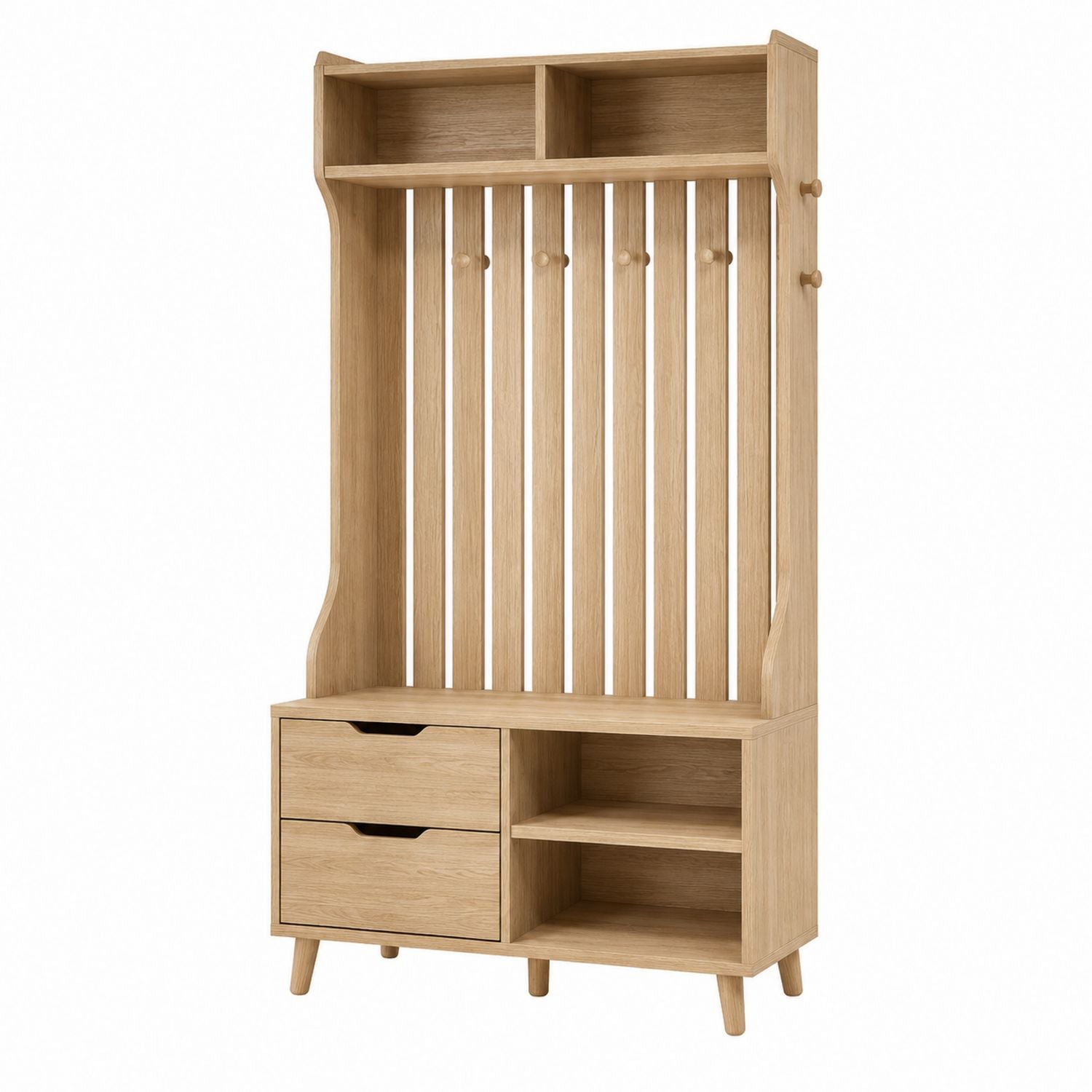 Solid Oak Wood Entryway Hall Tree with Shelves and Drawers 180cm