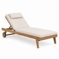 Outdoor Teak Wood Chaise Lounge with Beige Cushions