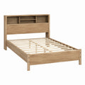 Queen Size Wooden Bed Frame with Shelf Headboard in Oak Finish