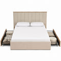 Queen Upholstered Bed with Storage Drawers Solid Wood Frame Beige