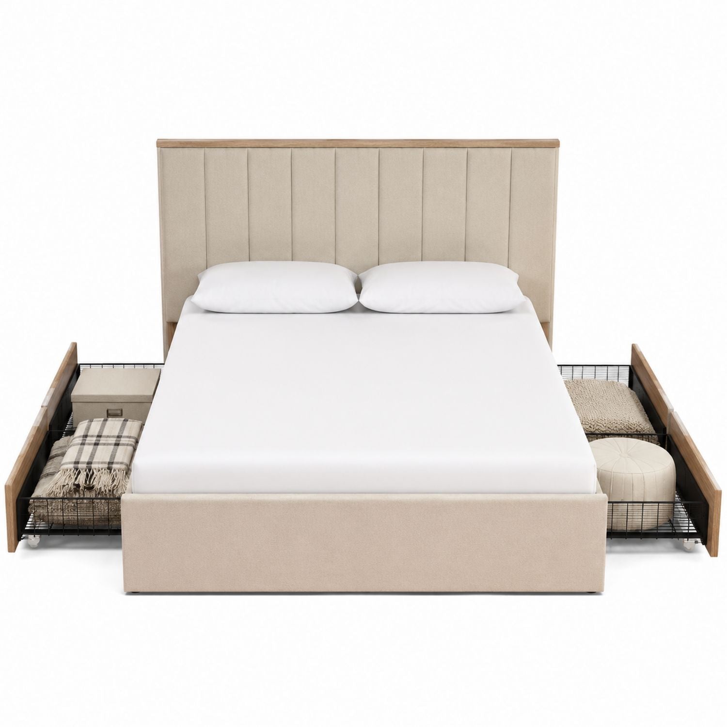 Queen Upholstered Bed with Storage Drawers Solid Wood Frame Beige
