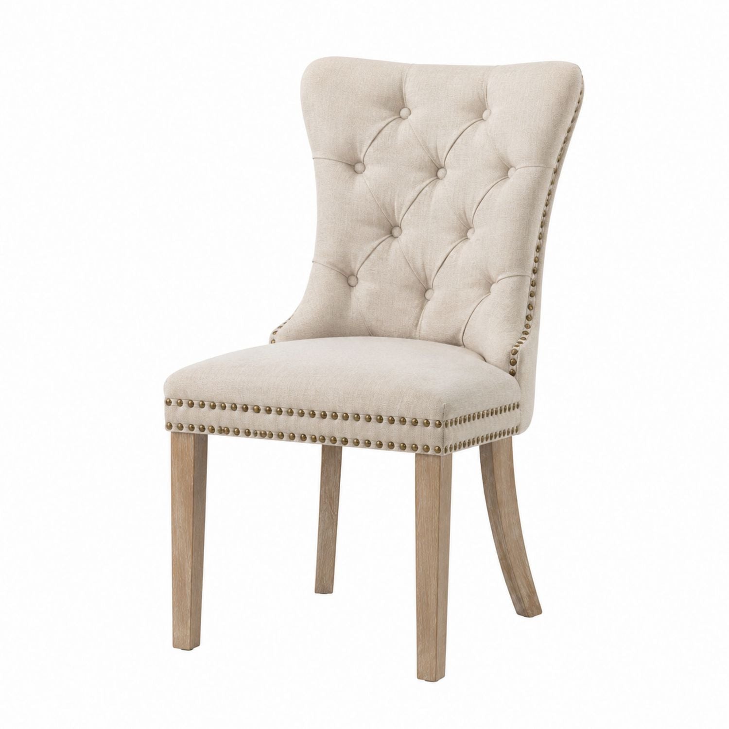Beige Linen Upholstered Dining Chair with Solid Wood Legs
