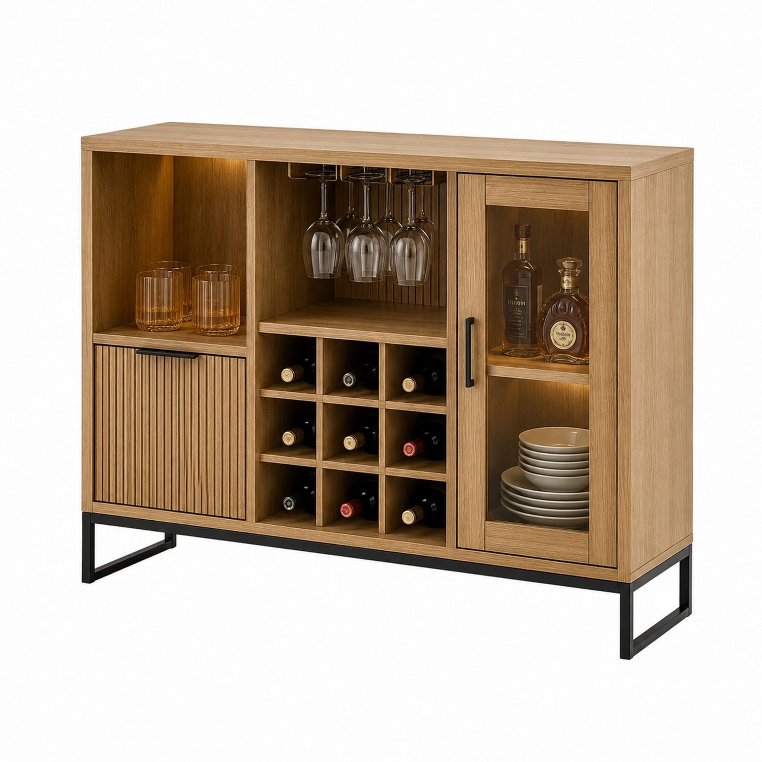 Wood Wine Bar Cabinet with Glass Rack and Storage Shelf, Oak Finish, 120cm x 40cm x 90cm