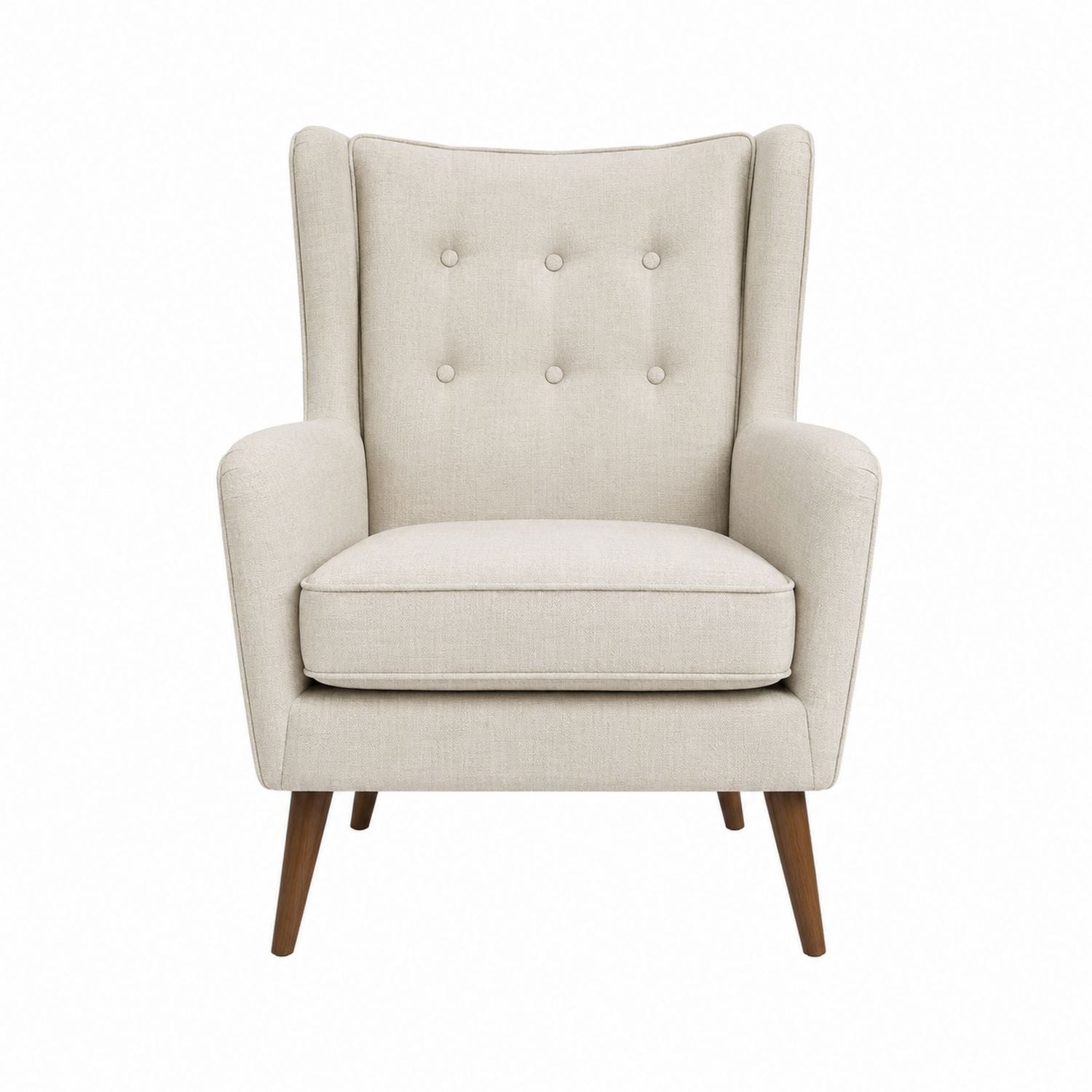 Beige Linen Armchair with Button Tufted Back and Wooden Legs 76cm x 80cm x 100cm