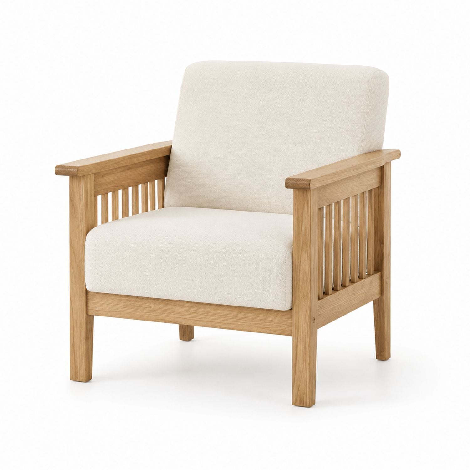 Wooden Armchair with Oak Frame and Beige Polyester Upholstery