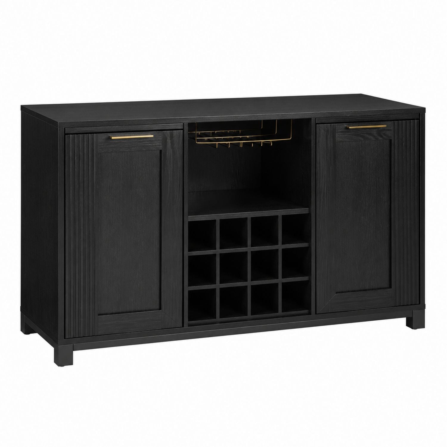 Black Wood Sideboard with Wine Rack and Cabinets