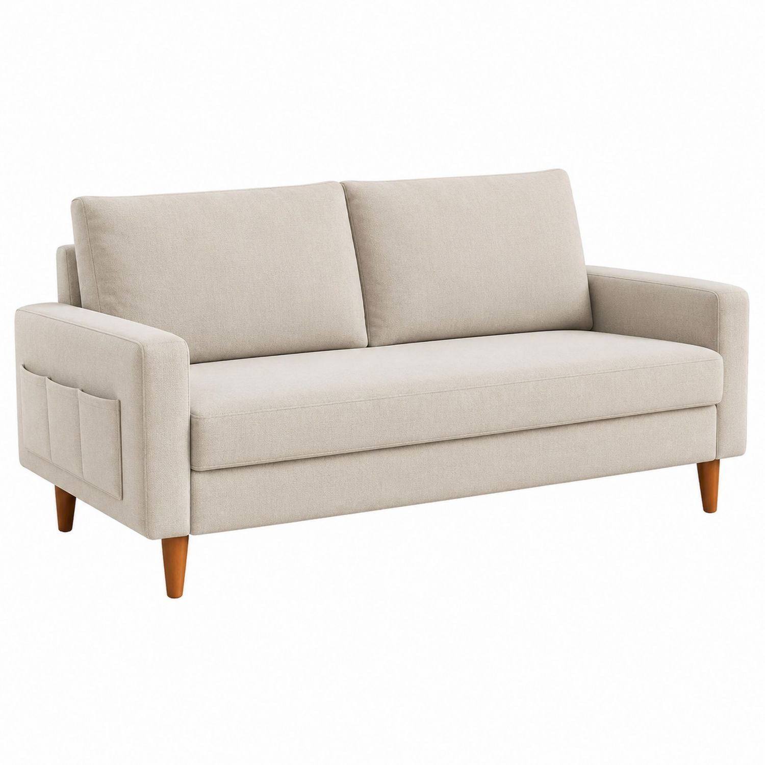 Beige Fabric Three-Seater Sofa with Wooden Legs 200cm