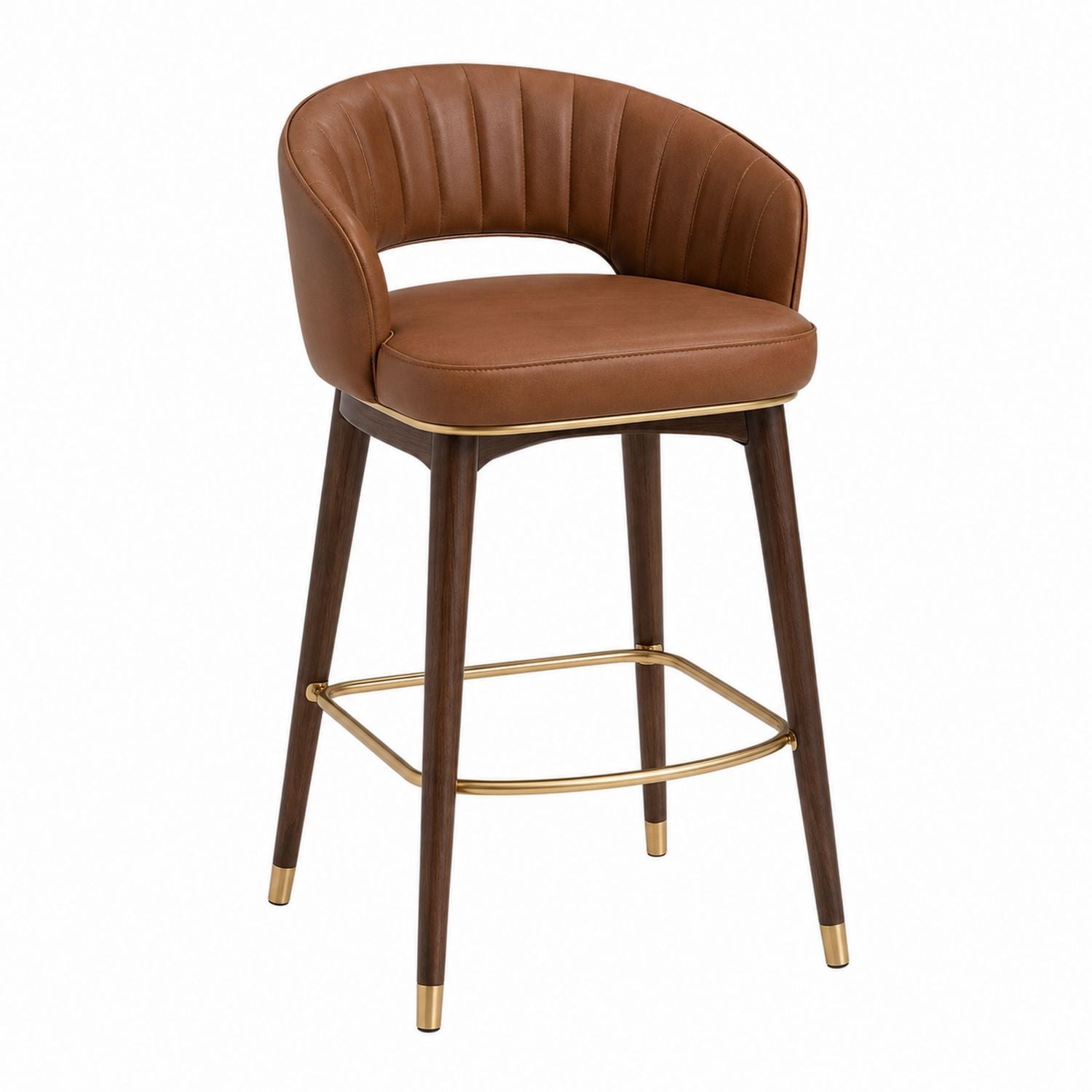 Brown Leather Bar Stool with Wood Frame and Metal Accents