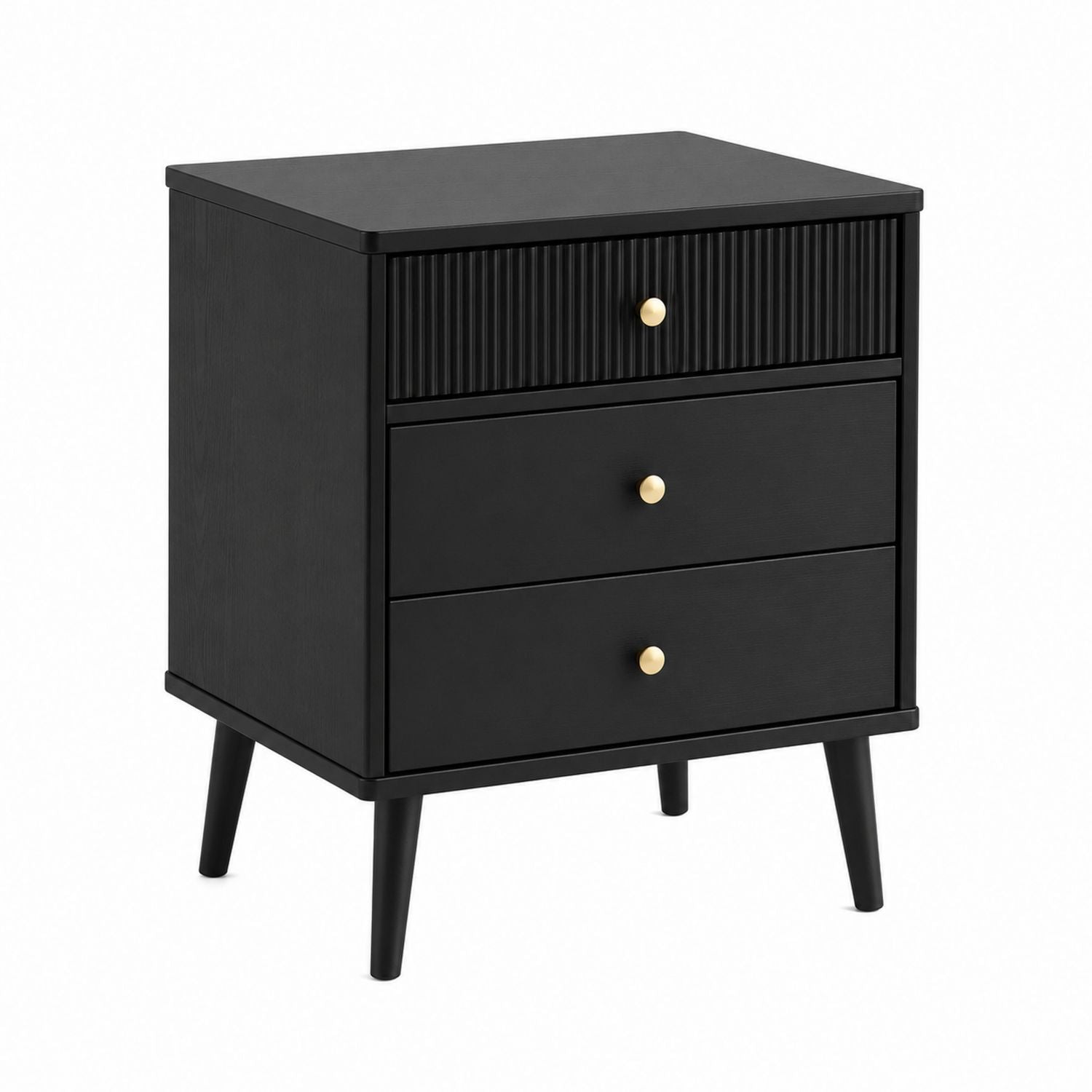 Black Wood Nightstand with 3 Drawers and Gold Knobs