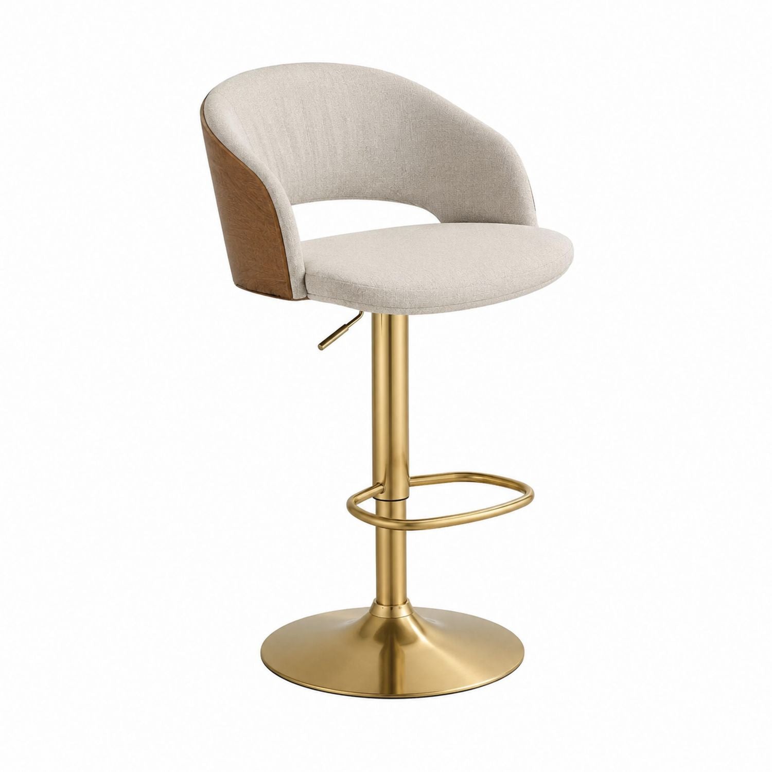 Adjustable Swivel Bar Stool with Fabric Seat and Brass Finish