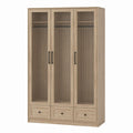 3-Door Wood Wardrobe with Fluted Glass and Drawers, 200cm H x 150cm W x 60cm D