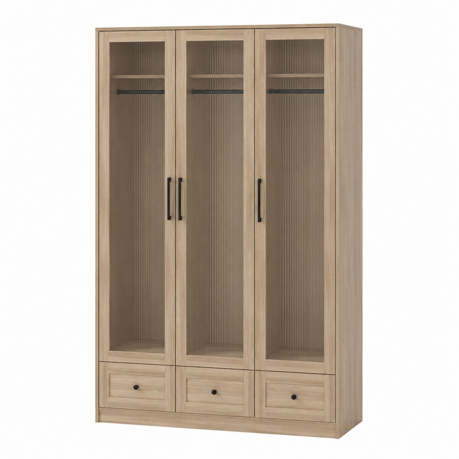 3-Door Wood Wardrobe with Fluted Glass and Drawers, 200cm H x 150cm W x 60cm D