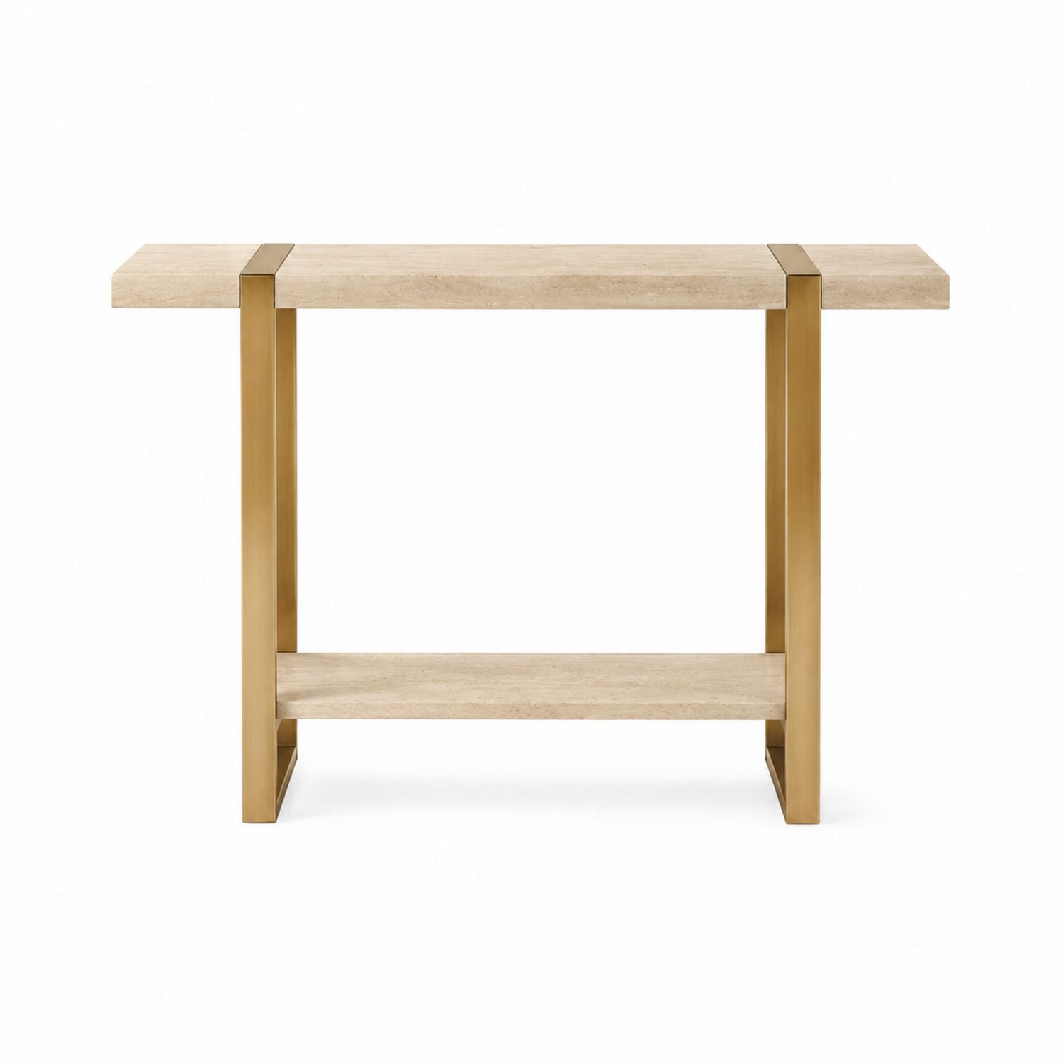 Rectangular Travertine and Brass Console Table