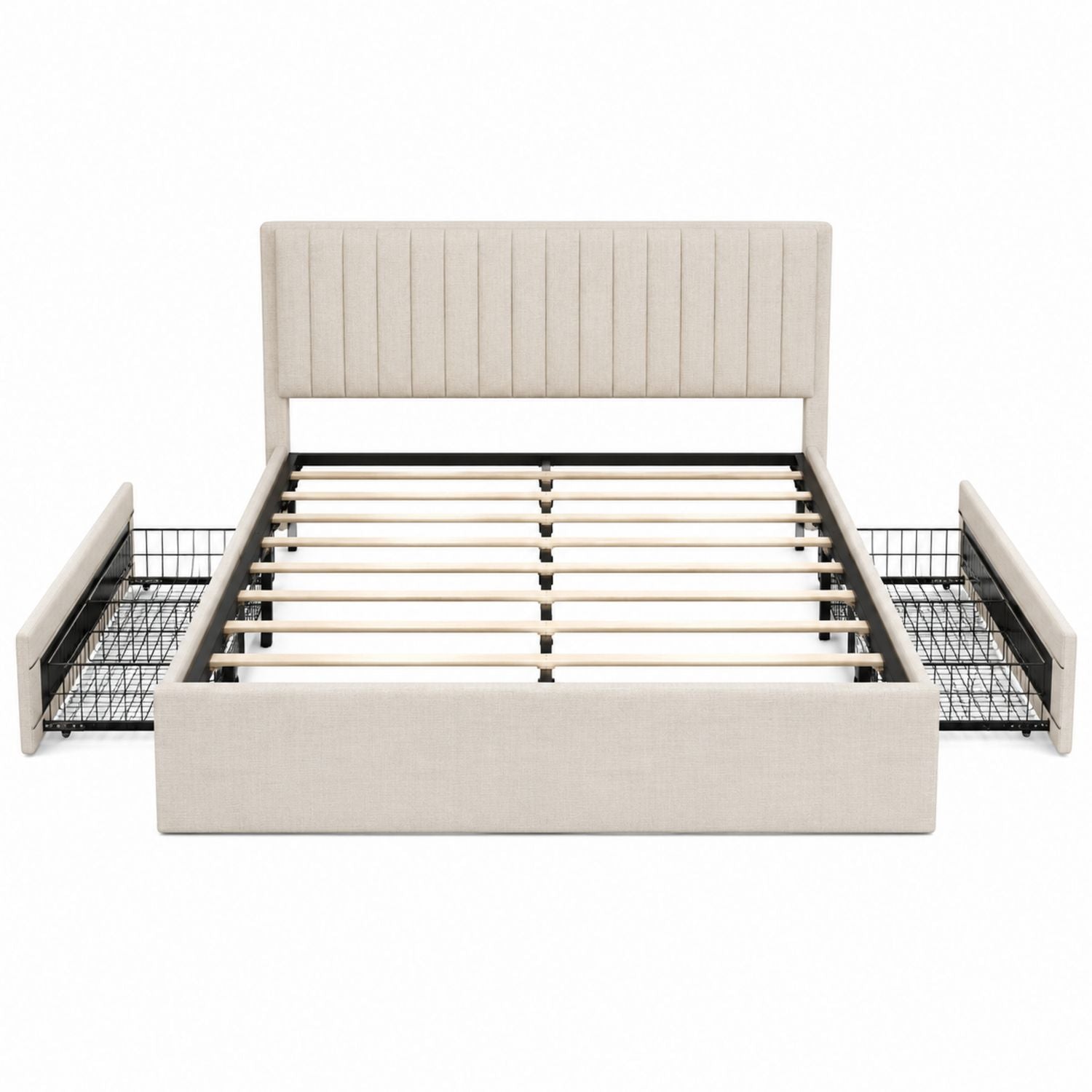 Fabric Upholstered Platform Bed with Storage Drawers Beige 200 cm x 160 cm