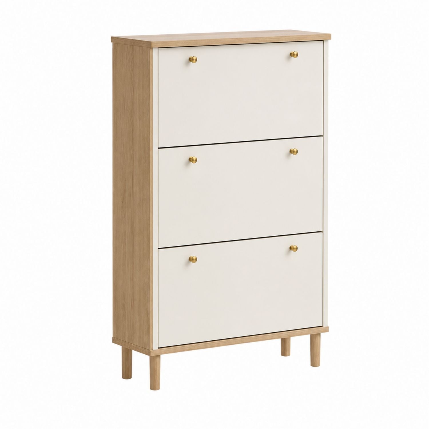 Wood and MDF 3-Tier Shoe Storage Cabinet with Gold Knobs