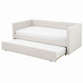 Twin Size Upholstered Daybed with Trundle Beige Linen