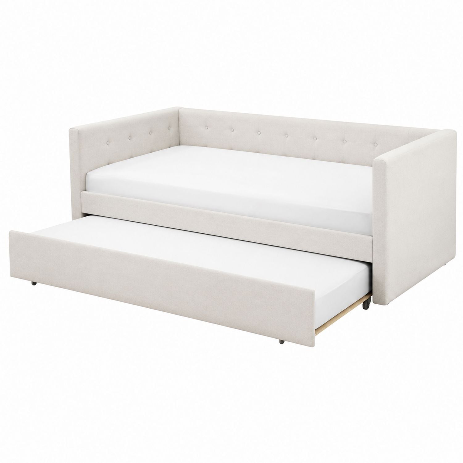 Twin Size Upholstered Daybed with Trundle Beige Linen