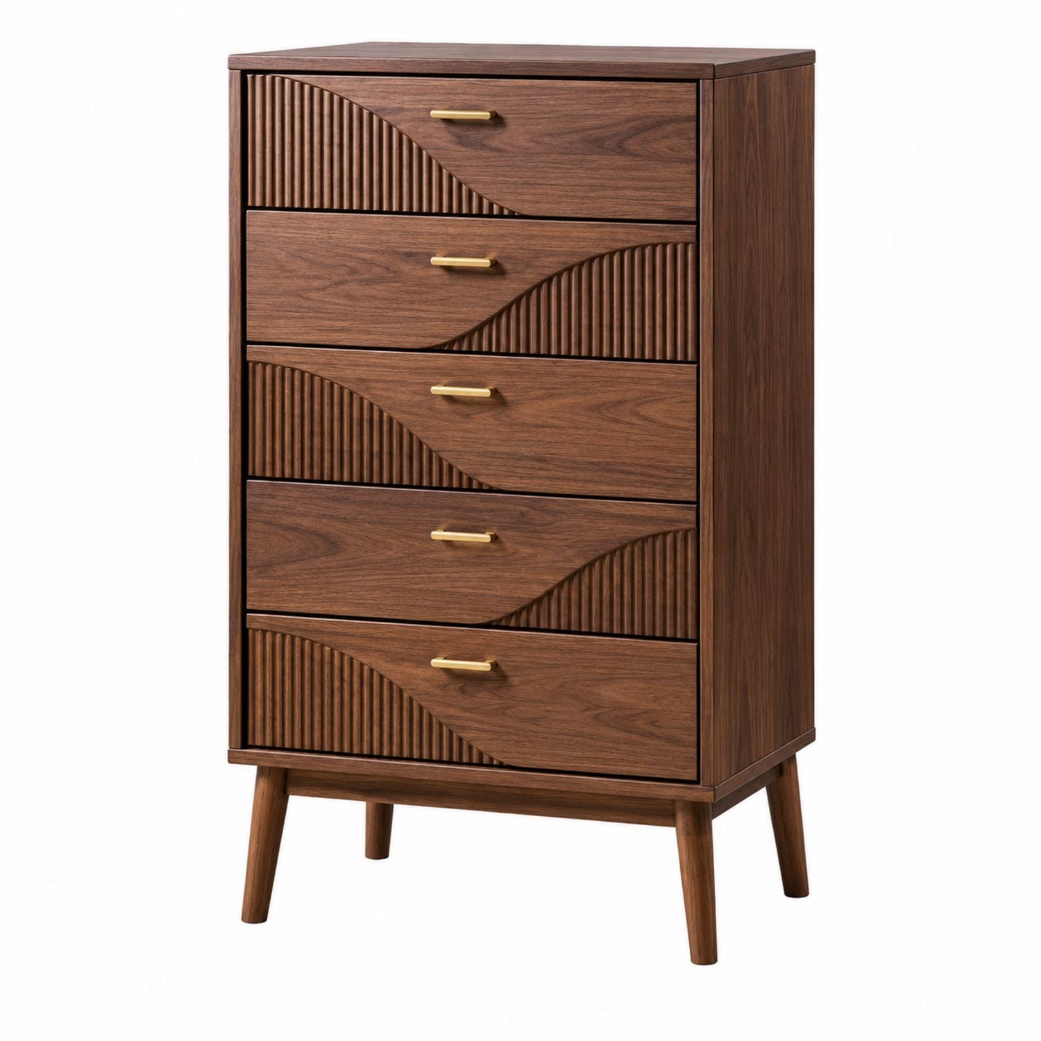 Walnut Wood Chest of Drawers with Brass Handles 5-Drawer Unit