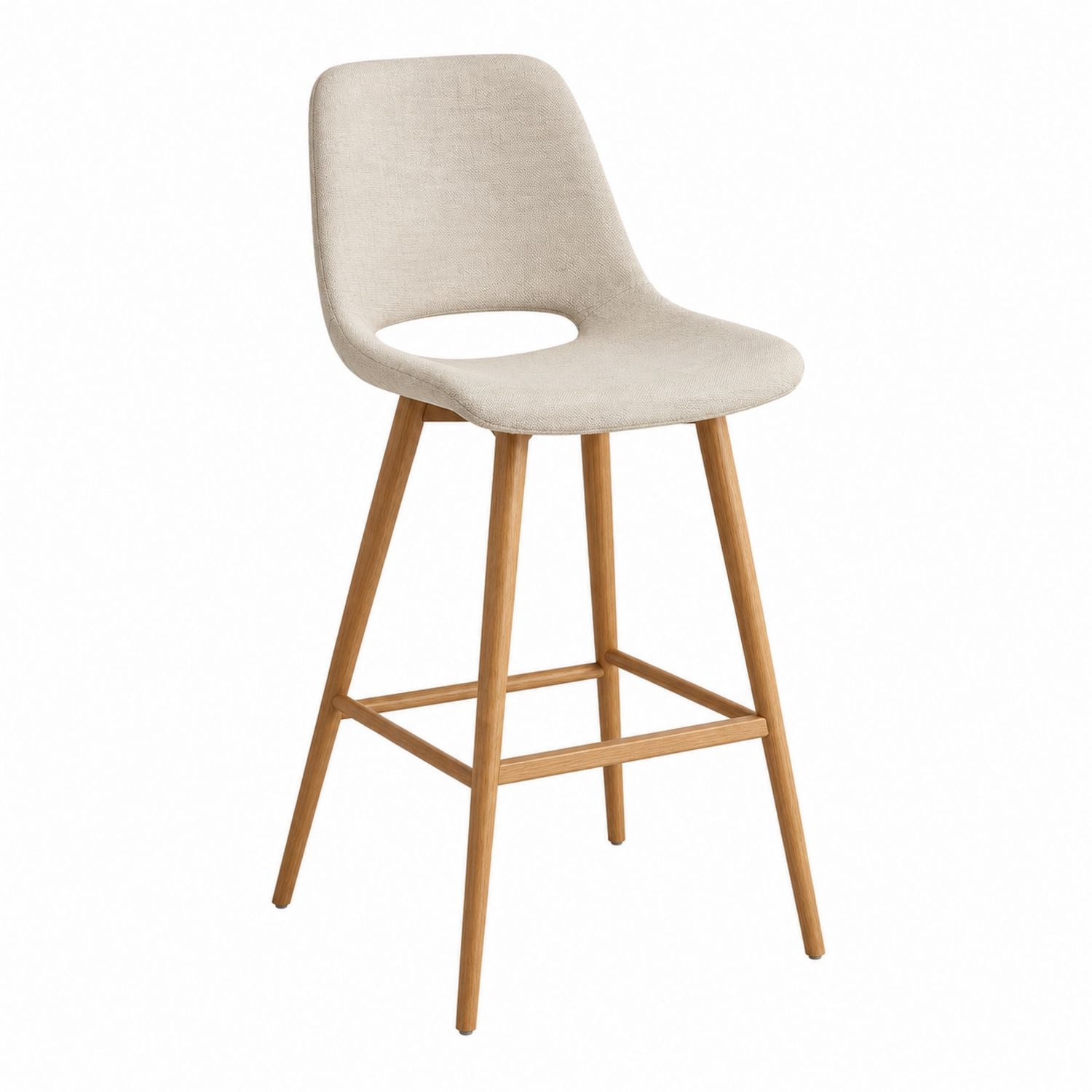 Beige Fabric Bar Stool with Wooden Legs
