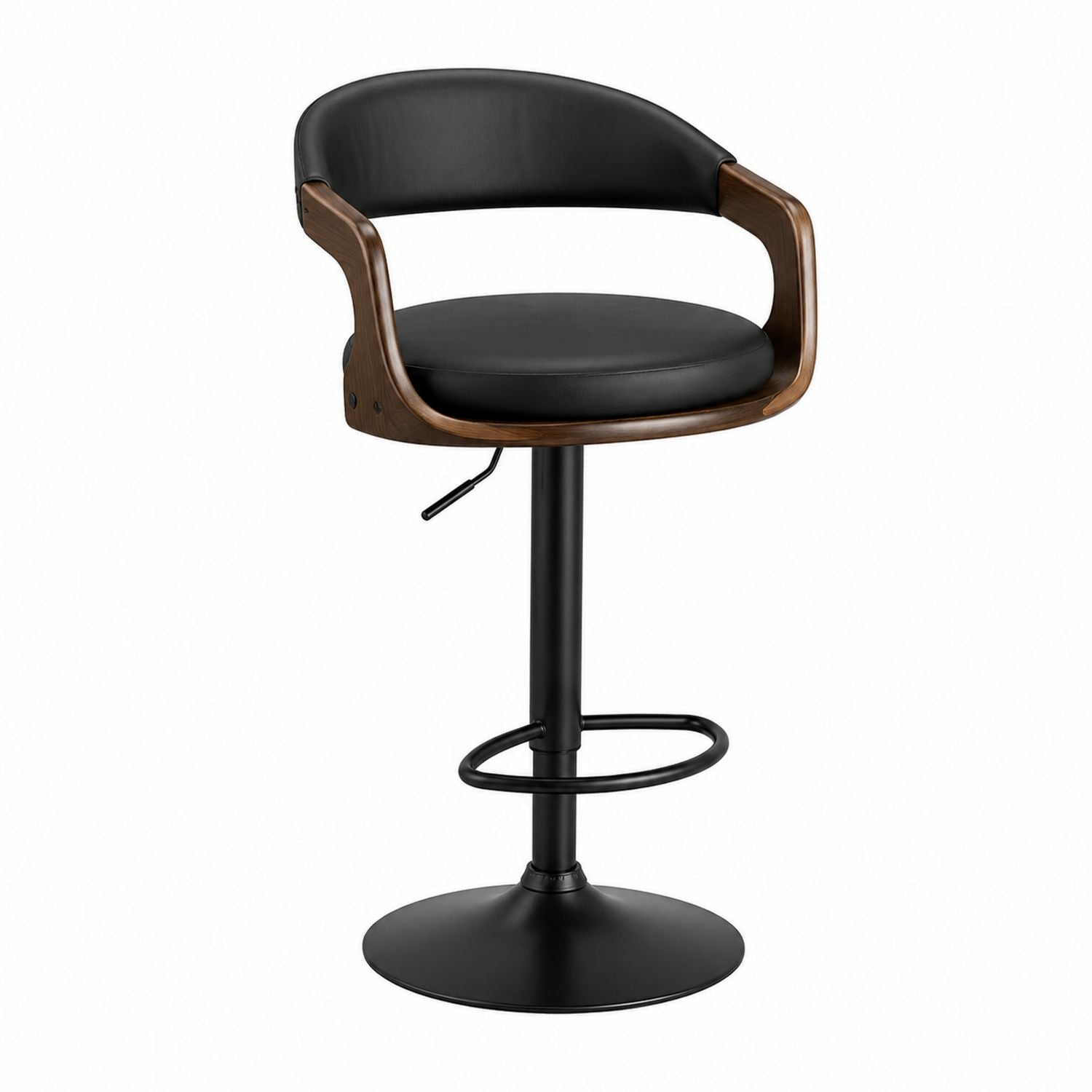Adjustable Swivel Bar Stool with Walnut Finish and Black PU Leather Seat