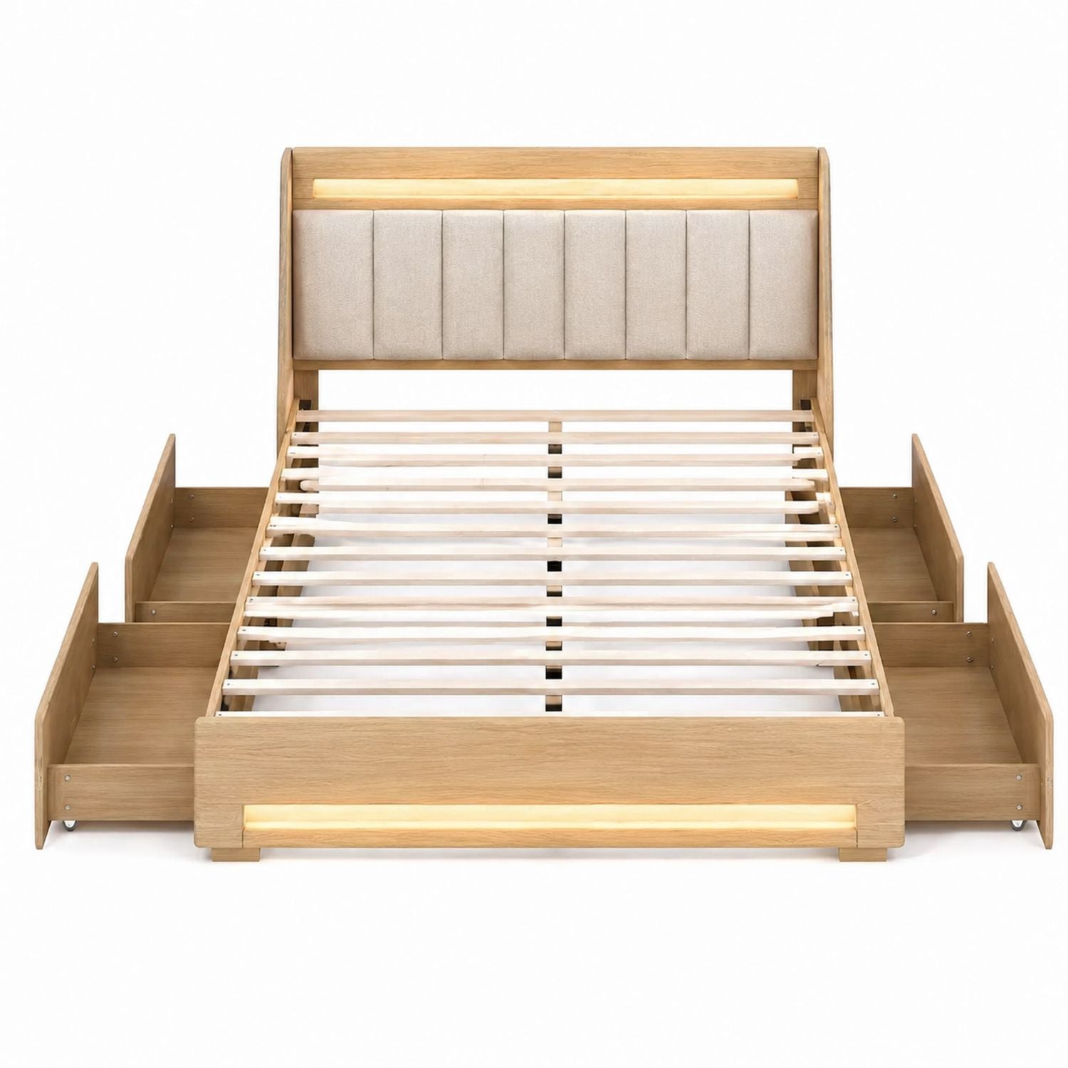 Oak Queen Bed with Polyester Upholstered Headboard and Storage Drawers