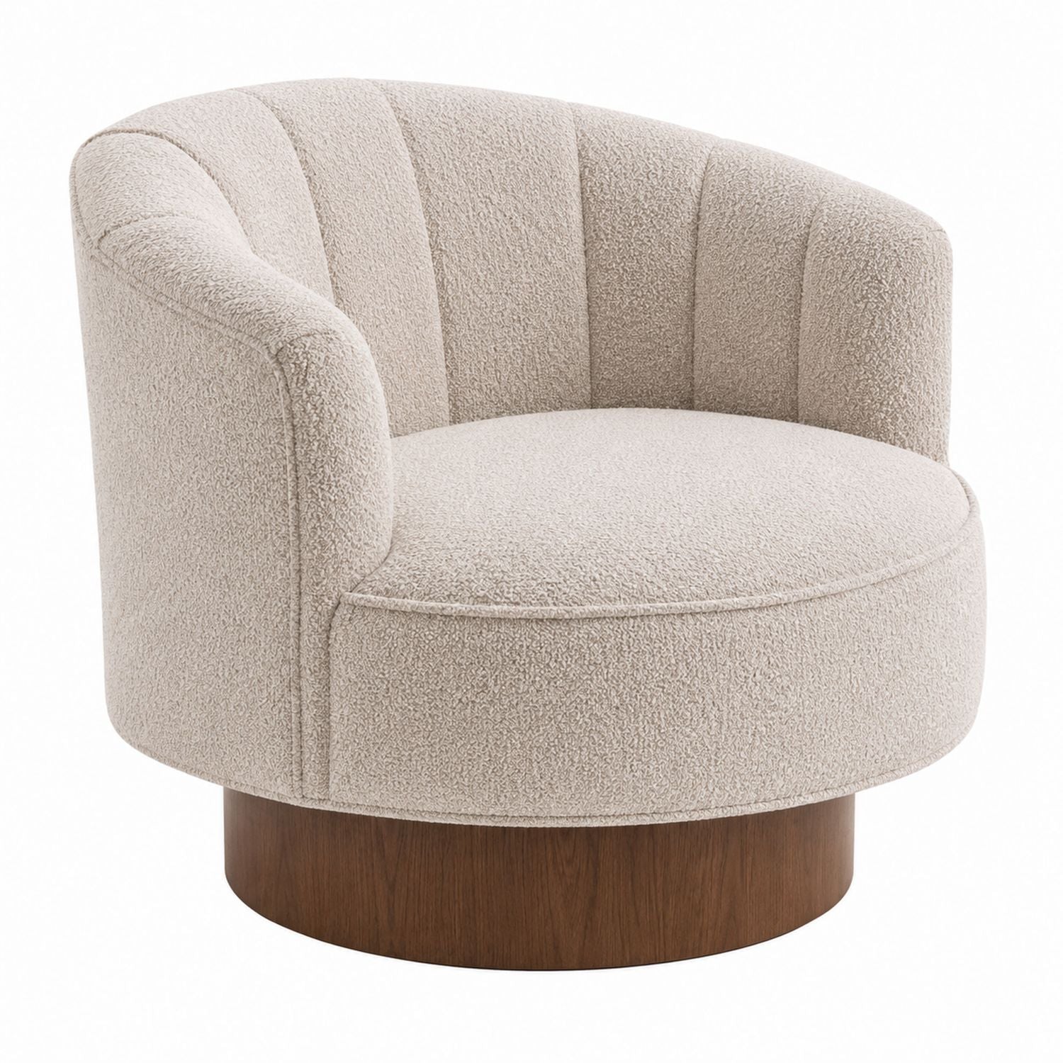 Beige Bouclé Swivel Armchair with Wood Base 75cm