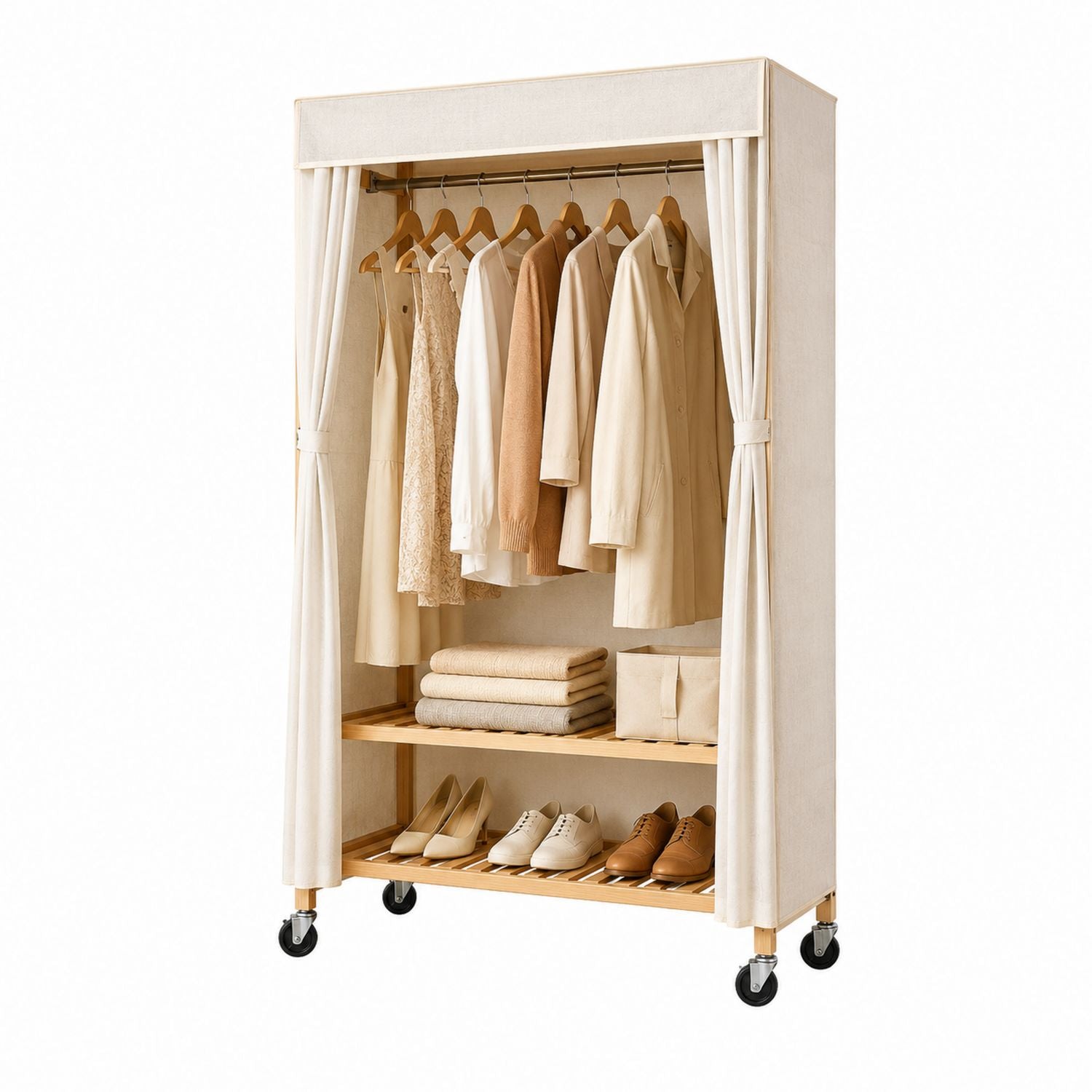 Portable Wardrobe Closet Beige Steel with Bamboo Shelves