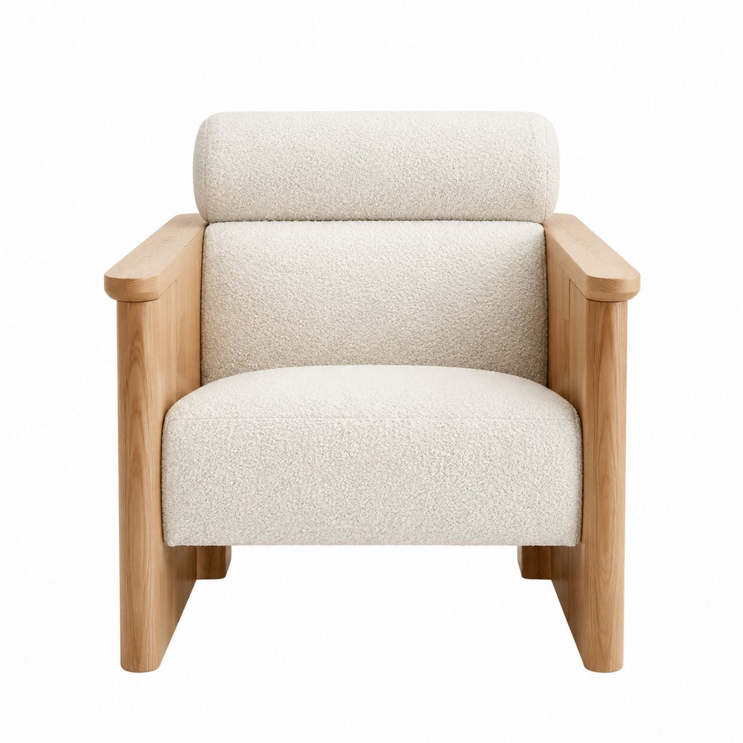 Armchair Bouclé Fabric Solid Wood Frame Off-White