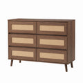 Six Drawer Wood and Rattan Dresser