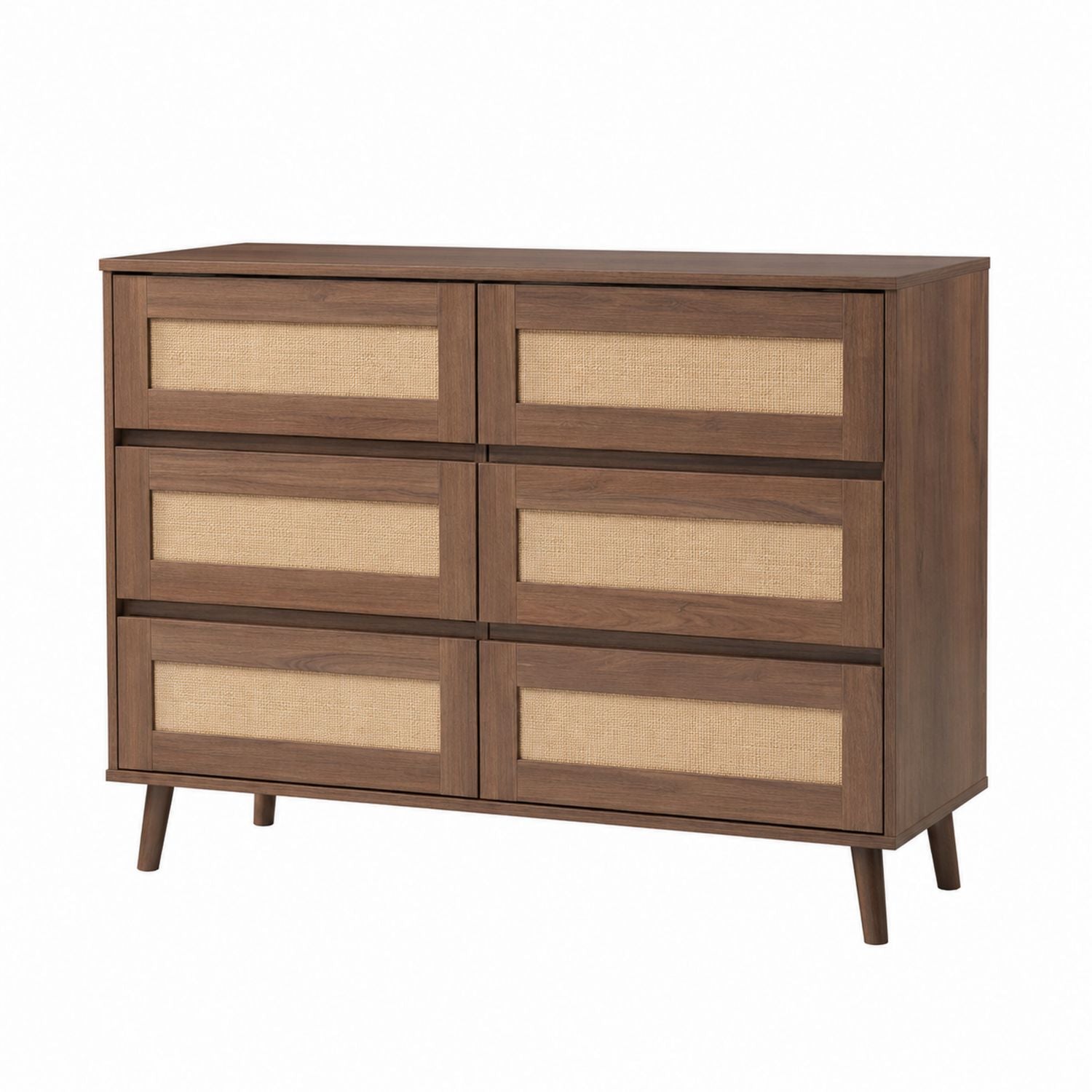 Six Drawer Wood and Rattan Dresser