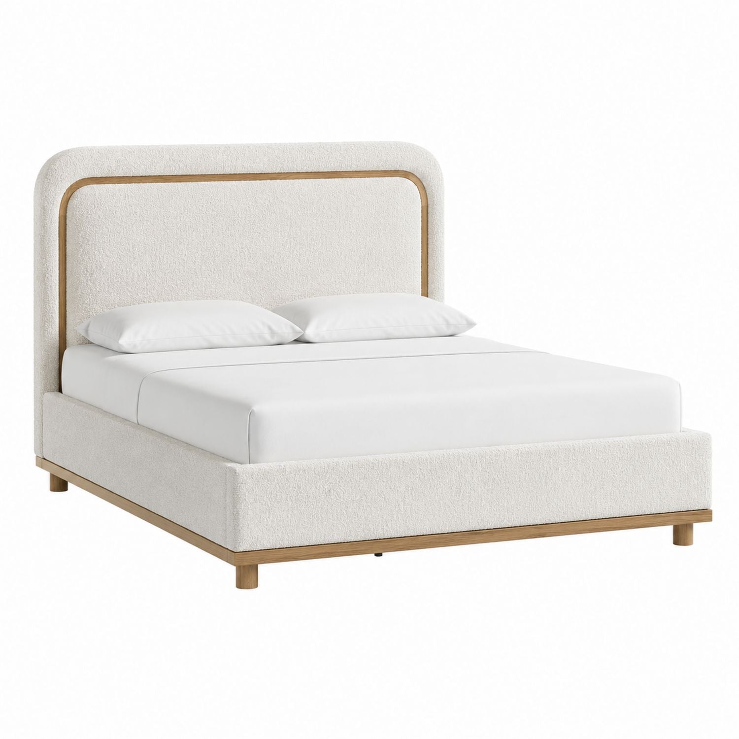 Upholstered King Bed Bouclé Fabric Oak Frame