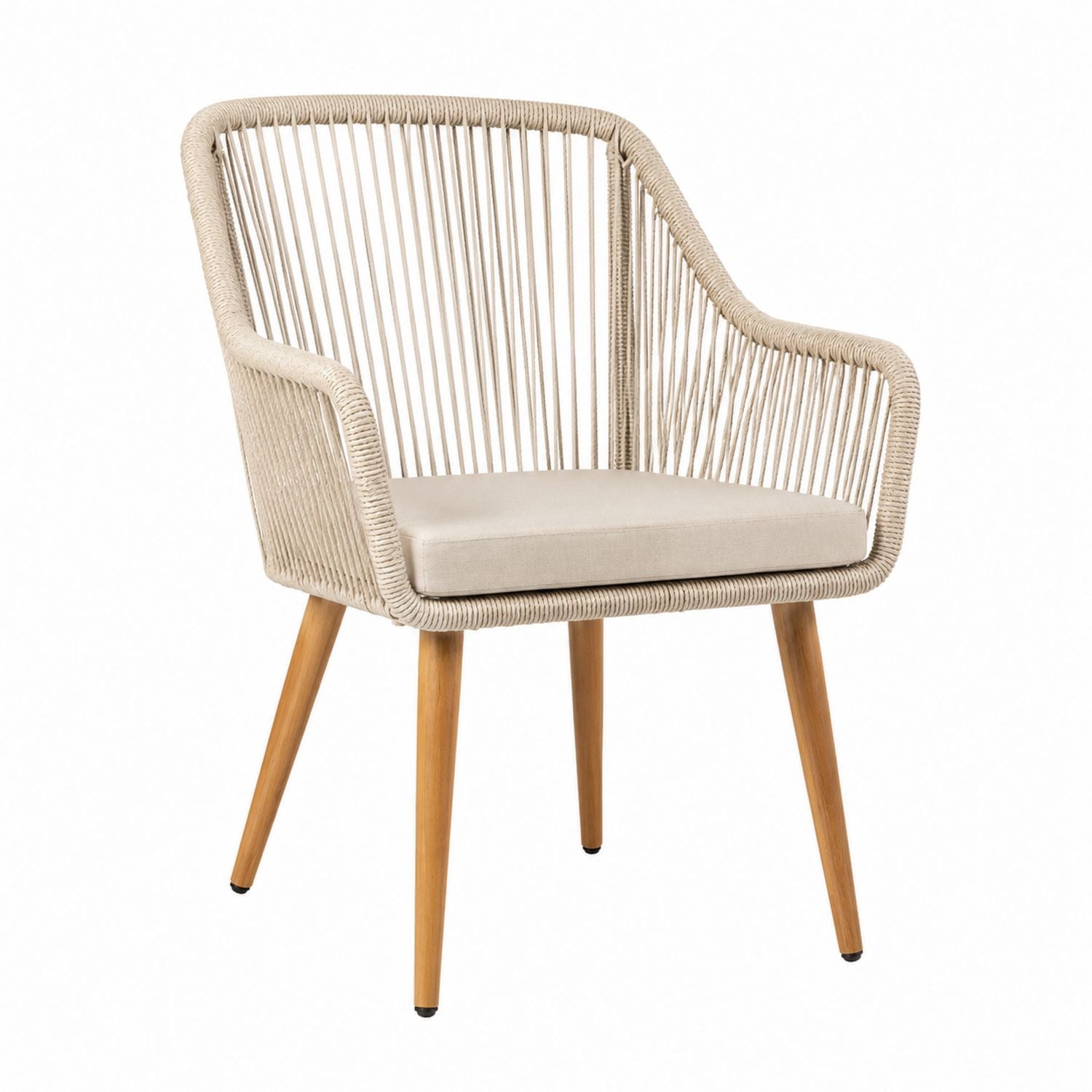 Rope Armchair with Beige Cushion and Teak Legs