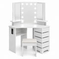 White MDF Corner Vanity Desk with LED Mirrors and Stool Set