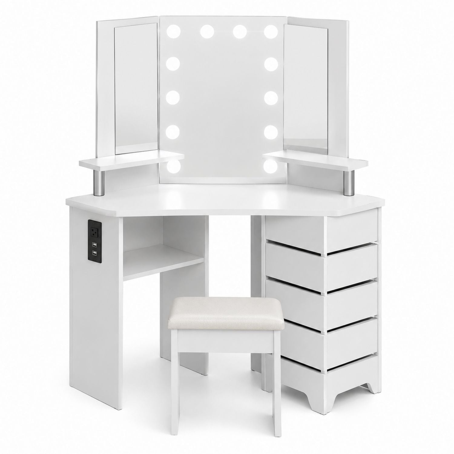 White MDF Corner Vanity Desk with LED Mirrors and Stool Set