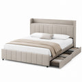 Linen Upholstered Storage Bed with Adjustable Headboard in Beige