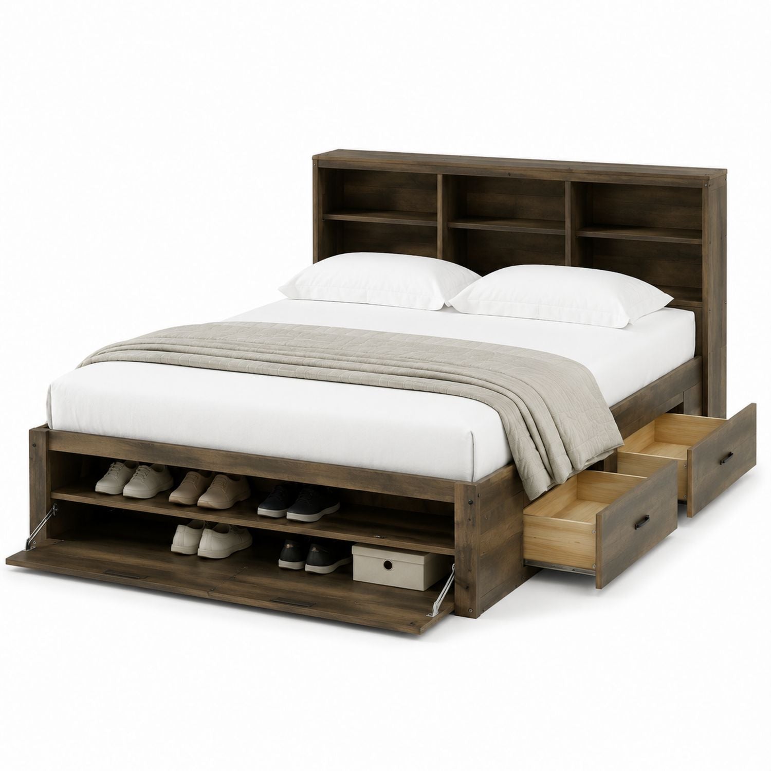 Queen Wooden Storage Bed with Shelves Brown