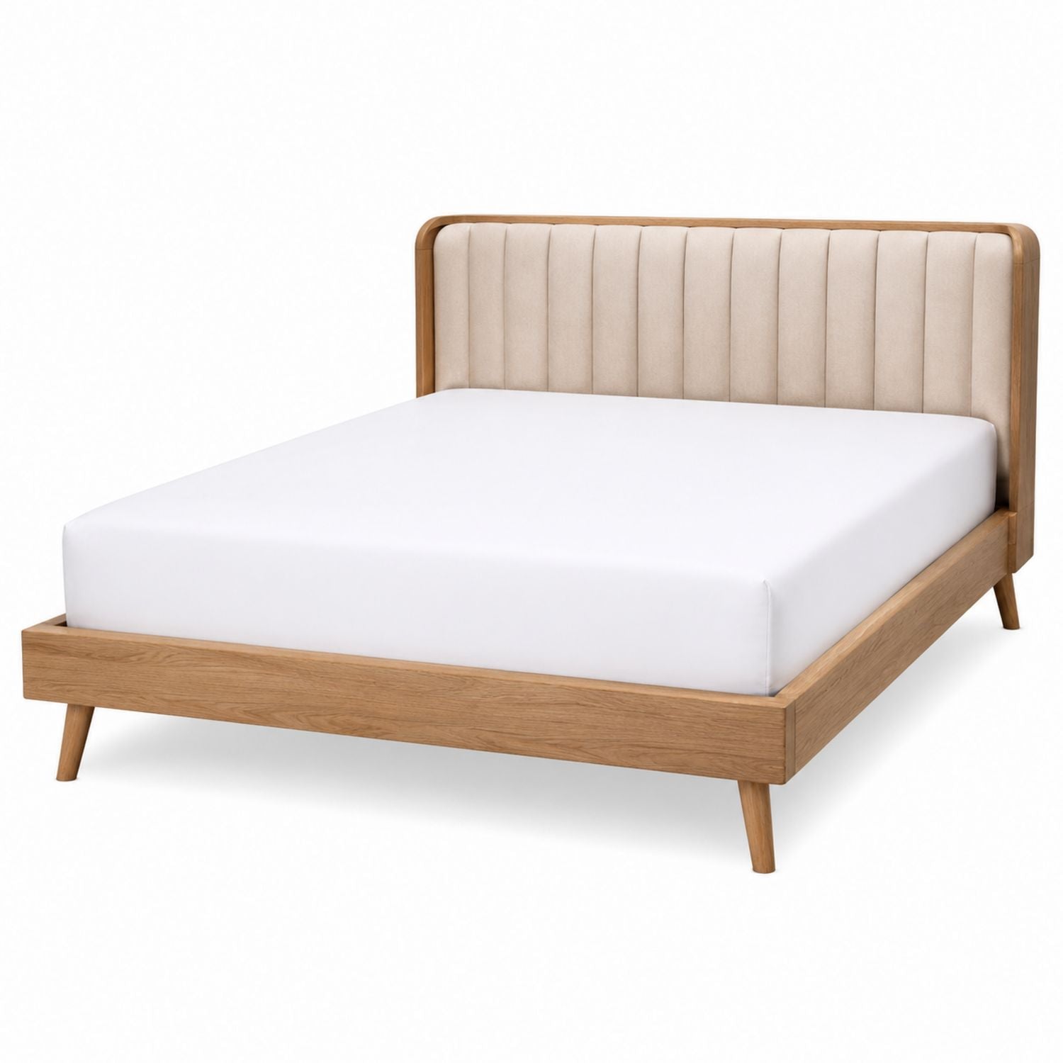 Upholstered Platform Bed Solid Wood Frame Beige Queen Size