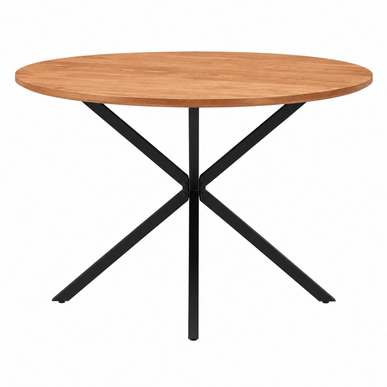 Round Oak Veneer Dining Table with Black Metal Legs