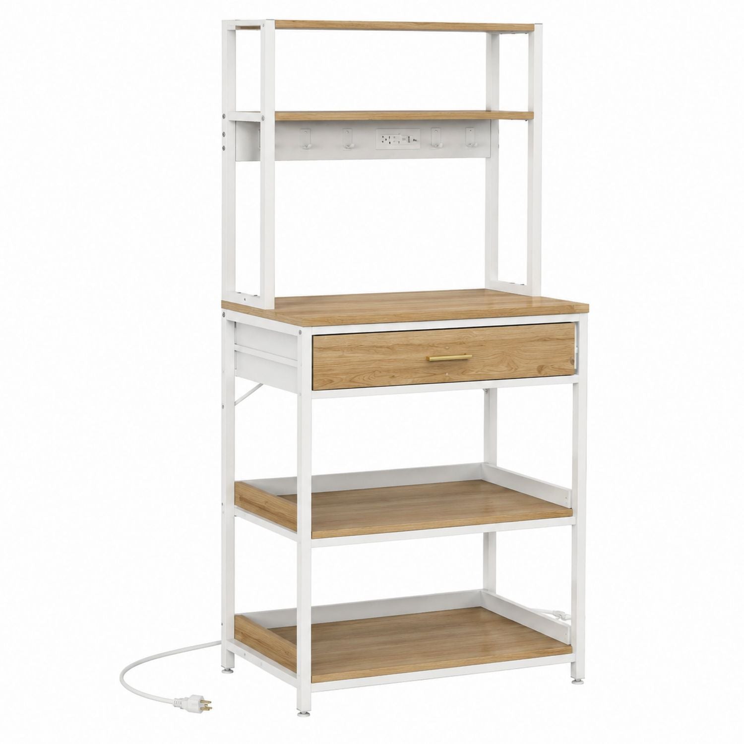 Metal and Wood Baker's Rack with Drawer White/Natural 4-Tier
