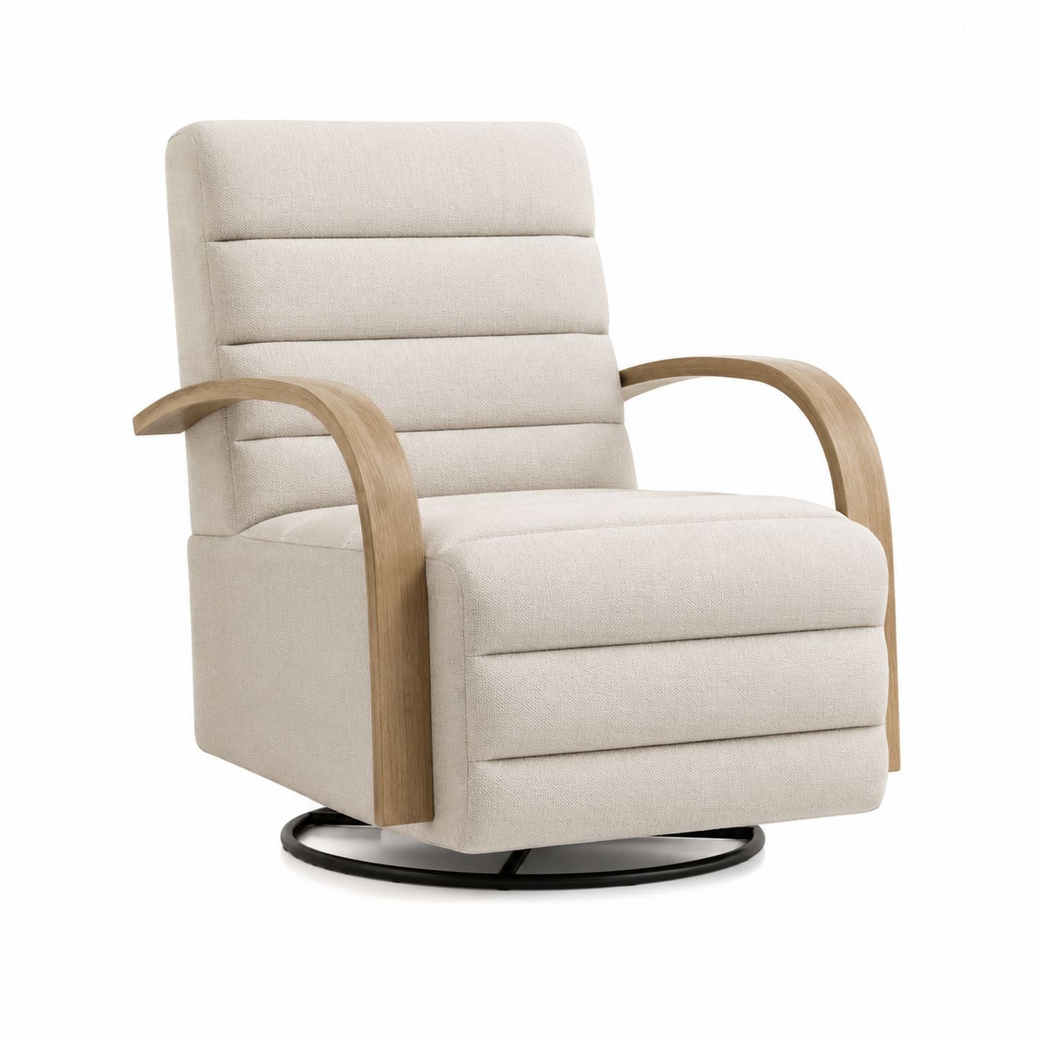Fabric Swivel Recliner Chair with Wooden Armrests Beige