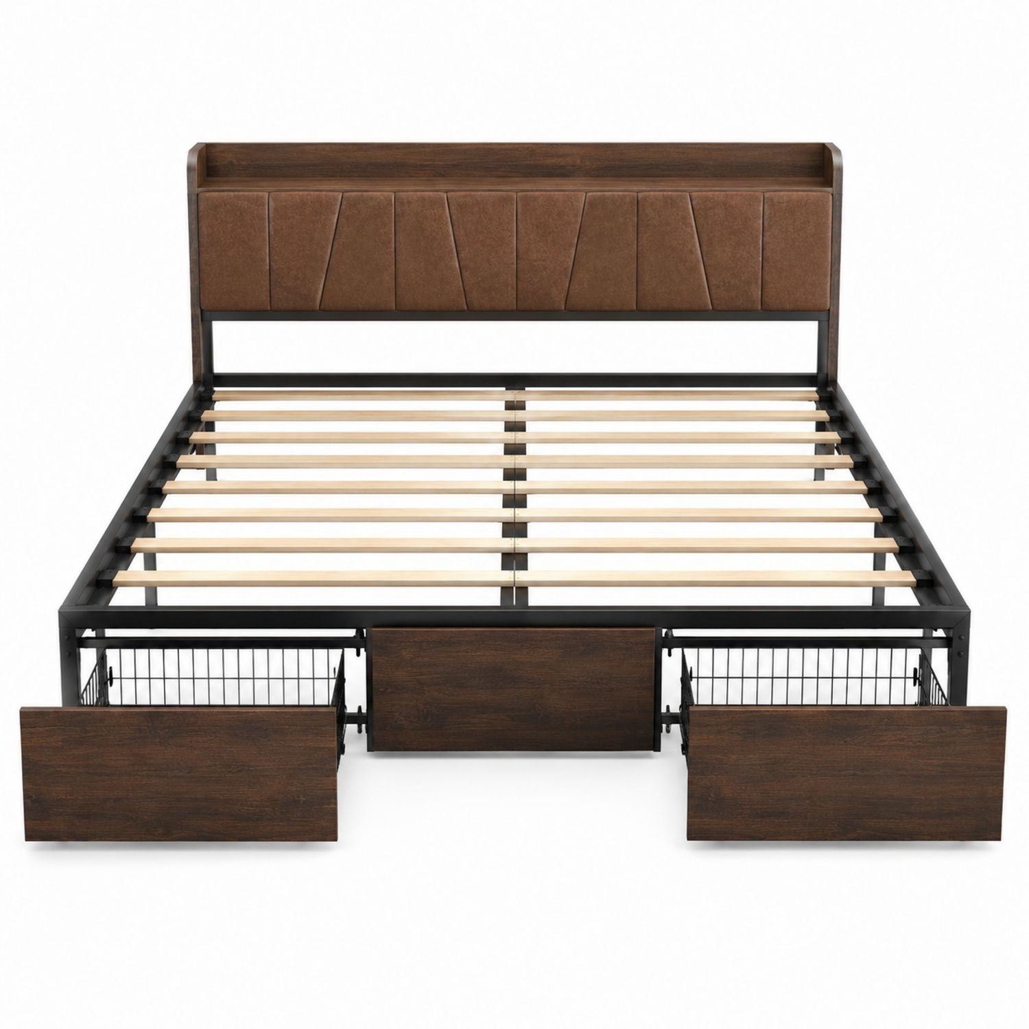 Queen Platform Bed with Storage Drawers Faux Leather Metal Frame