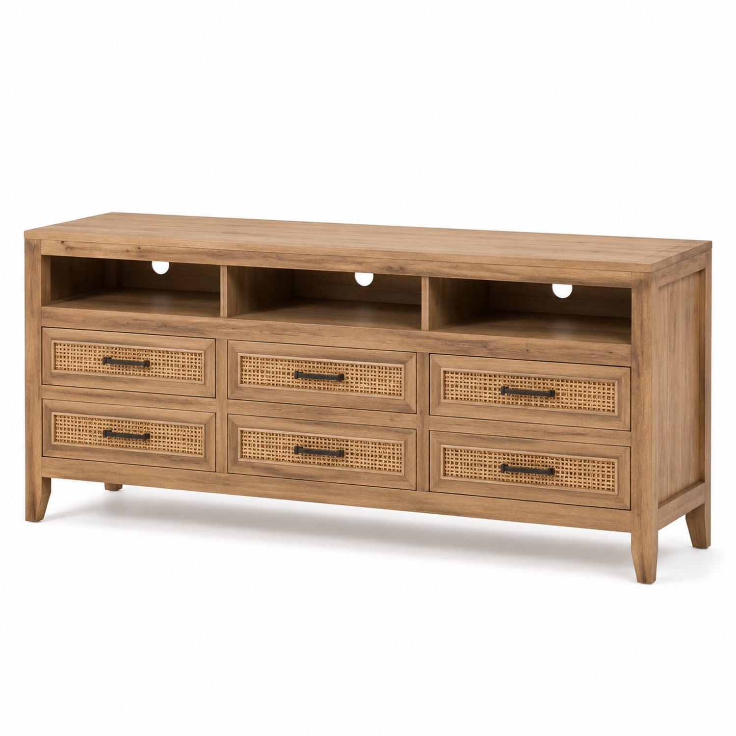 Wood and Rattan TV Stand with 6 Drawers and Shelves 60 Inch