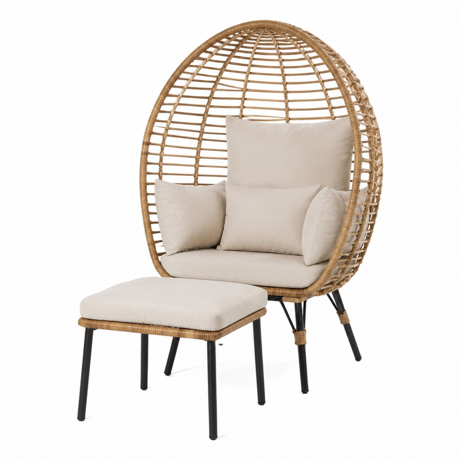Outdoor Egg-Shaped Chair Set with Synthetic Rattan and Beige Cushions